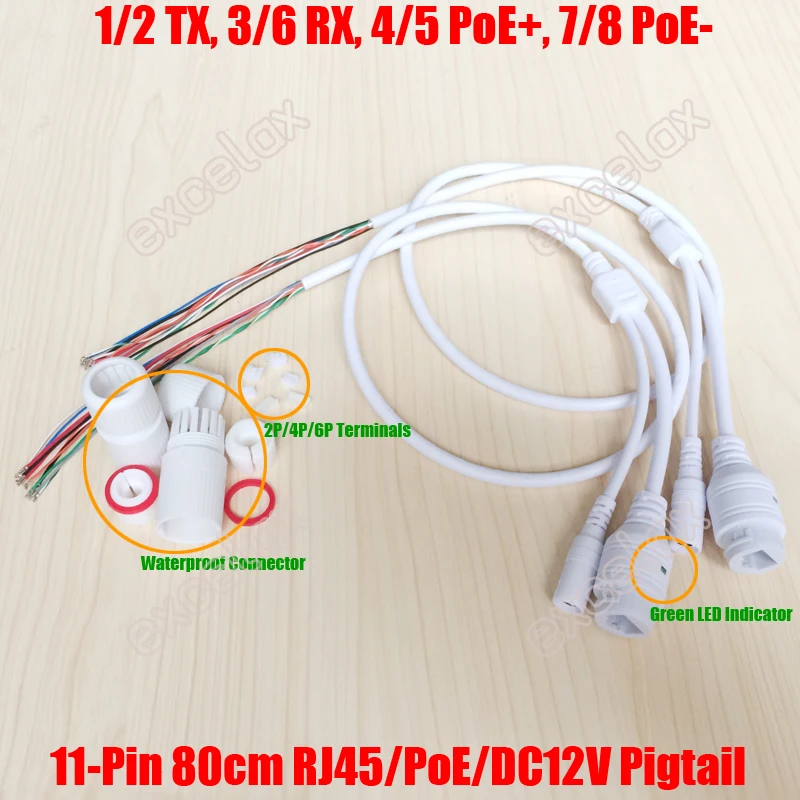 

2PCS/Lot 11-Pin IP Camera Module Network Cable Pigtail 80cm 4/5+ 7/8- POE RJ45 DC12V LED Board Power Supply 4In1 Waterproof Kit