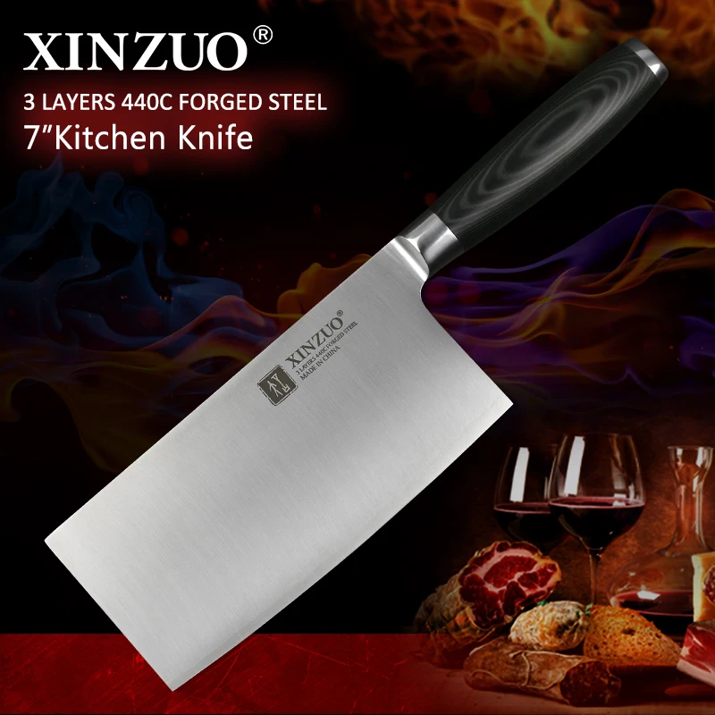 XINZUO 7 ''большой китайский мясницкий нож 3 слоя 440C Плакированные кованые