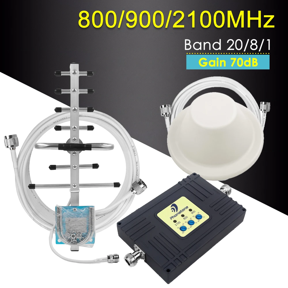 

800/900/2100MHz Tri-Band Cellular Signal Booster 2G 3G 4G GSM Repeater 4G LTE Amplifier 70dB Mobile Phone Network Booster Set %