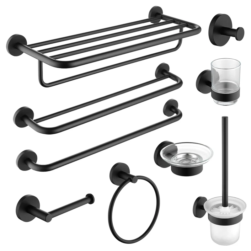 Black Stainless Steel Bathroom Hardware Towel Rail Rack Roll Paper Holder Toilet Brush Holder