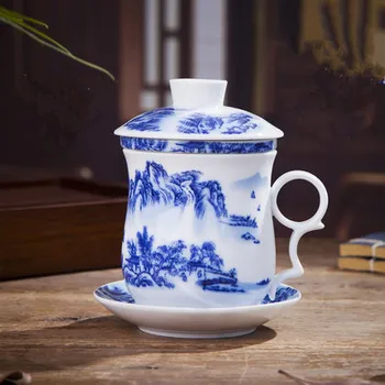 

Brief Jingdezhen Ceramic Tea Cup High-temperature Firing Blue and White Porcelain Cup With Lid Filter Convenient Office Cup Gift