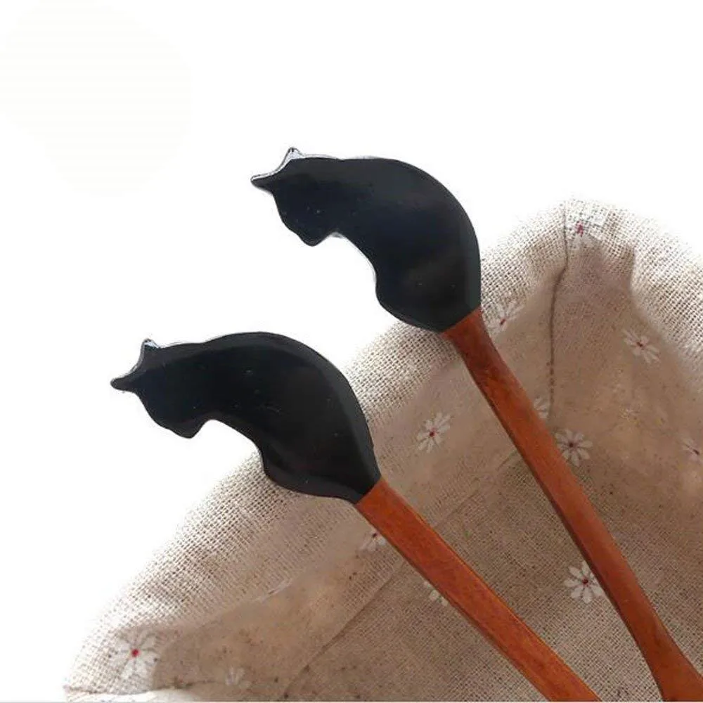 Cute Cat Wood Spoons Wooden Soup Spoon Long Handle Coffee Tea Drink Bar Cocktail Stirrer Mixing Eco Friendly Natural Ellipse Wooden 4 Pieces2