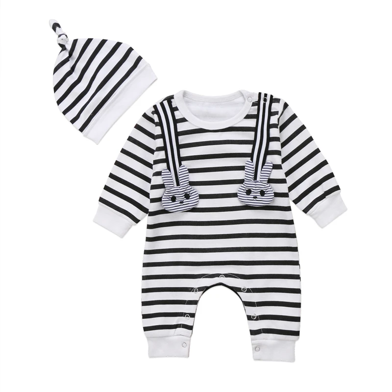 Newborn Baby Girls Boys Clothes Romper Cotton Stripe Long Sleeve Bunny Outfits