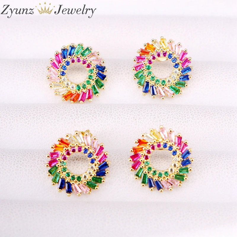 

5Pairs, Rainbow cz micro pave Gold color Flower Circle Shape Colorful Crystal delicate stud earring