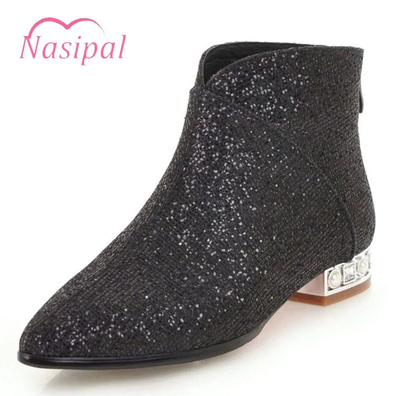 

Nasipal Bling Upper Low Square Heels Woman Shoes Sexy Gold Sliver Black Party Ankle Boots Pointed Toe Bota Mujer Sapato Feminino