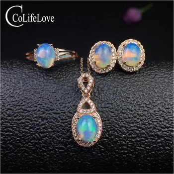 

100% natural fire opal jewelry set for party 6 mm * 8 mm Australia opal ring pendant earrings set for woman silver opal jewelry