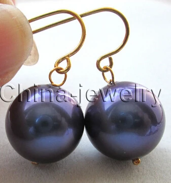 

Beautiful 14mm deep blue perfect round sea shell pearl earring >Lovely Fine Nobility Lady's Women's Earrings