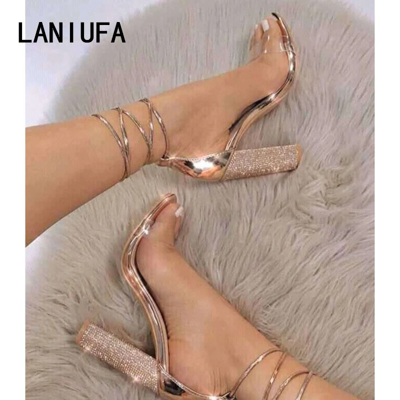 

Big size 34-43 Women Heeled Sandals Bandage Rhinestone Ankle Strap Pumps Super High Heels 11 CM Square Heels Lady Shoes new #265