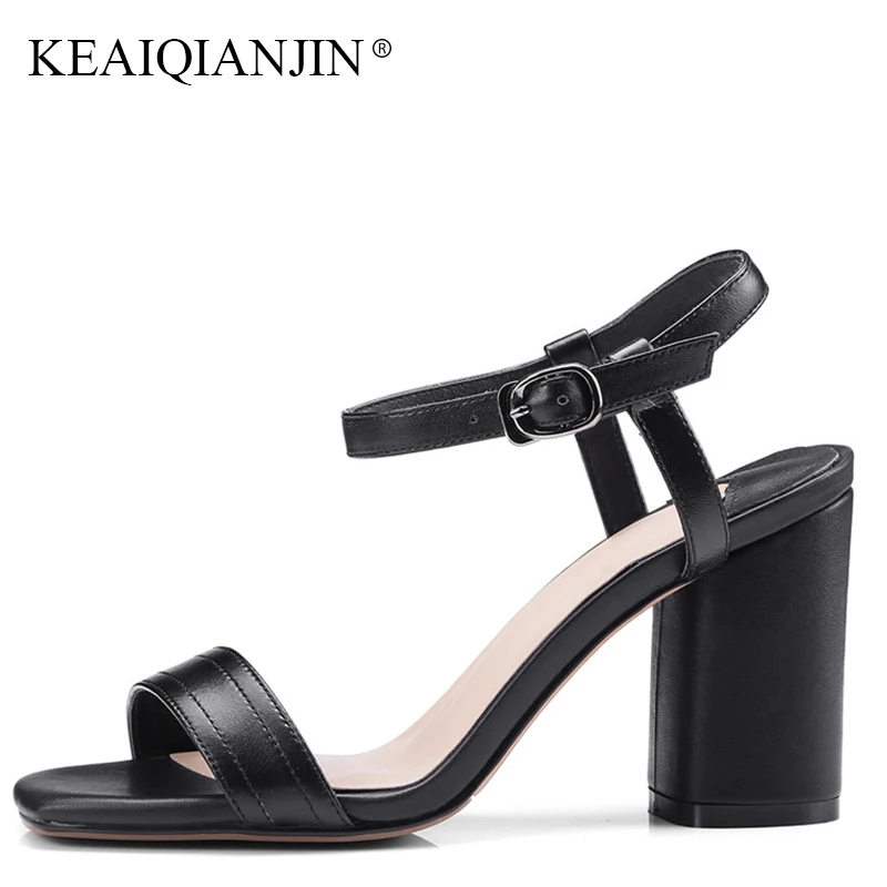 

KEAIQIANJIN Woman Summer High Heeled Sandals Fashion Yellow Genuine Leather Shoes Sexy Plus Size 33 Black Open Toe Sandals 2018