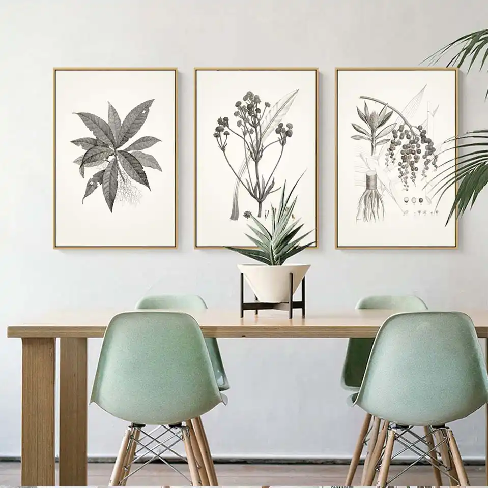 Vinsonloud Home Decoration Pictures Print Canvas Wall Art Poster Paitings Retro Sketching Plant Leaves Series 6 Beige And Gray