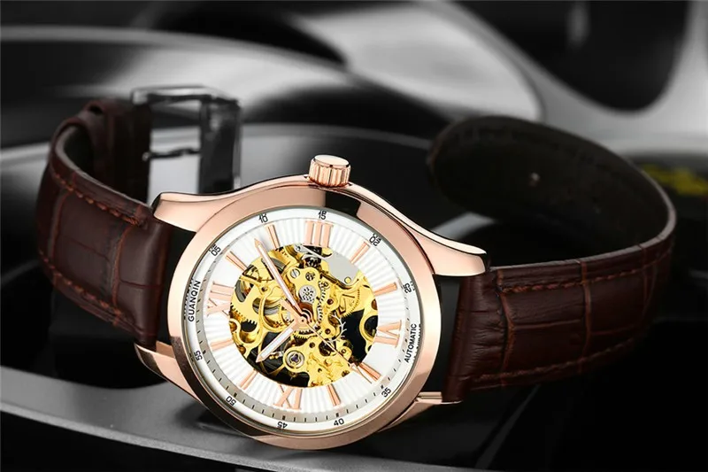 GUANQIN Automatic Mechanical Watches, Luminous Leather Waterproof Men Watch, Skeleton Gold Watch Men High Quality Wristwatches (13)