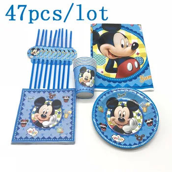 

Mickey Mouse Disney Cartoon Theme Cup Plate Napkin Plastic Straw Tablecover Festival Wedding Boy Birthday Party Supply 47Pcs/Lot