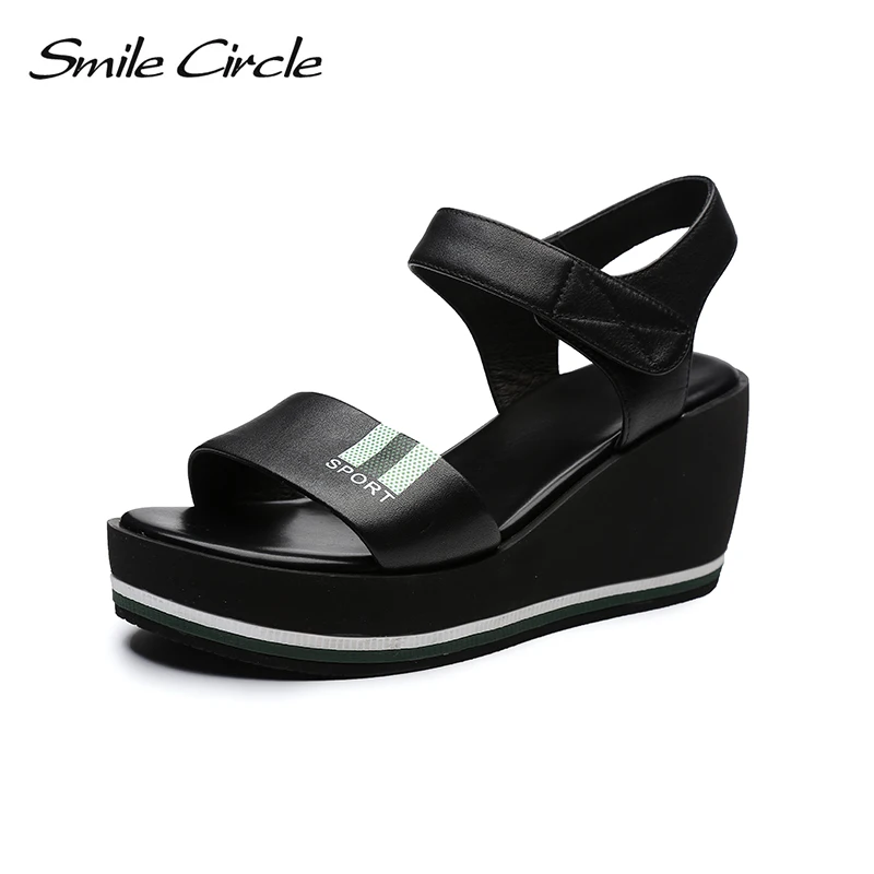 

Smile Circle 2018 Summer Genuine Leather Sandals Women Fashion Flat Wedges Thick bottom High-heeled Shoes Woman Sandals