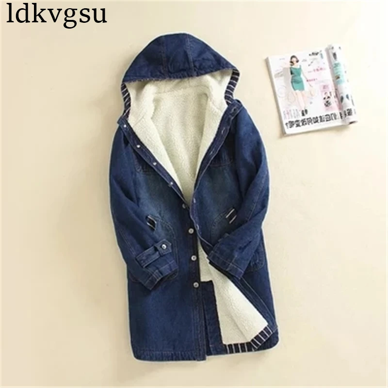 Kopen 2020 Herfst Winter Denim Jas Vrouwen Warm Hooded Jeans Jas Plus Size 4XL Casual Vrouwelijke Lange Denim Windjack Bovenkleding A455