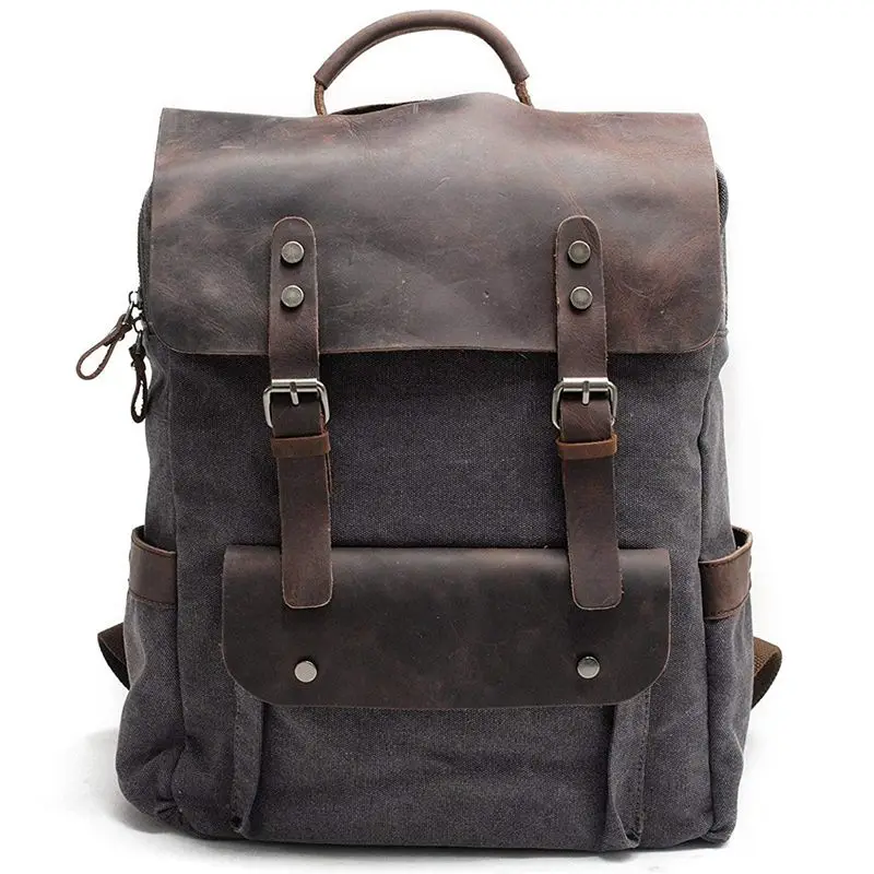 JHD-мужской кожаный холщовый рюкзак, рюкзак для ноутбука, школьный рюкзак для колледжа - Цвет: Dark Grey