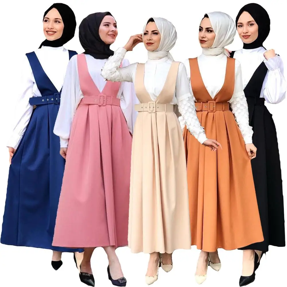 

5 Colors Full Circle Flared Maxi Skirt Women Muslim Pleated Belted Swing Suspenders Skirts Islamic Costume Casual Loose Fashion