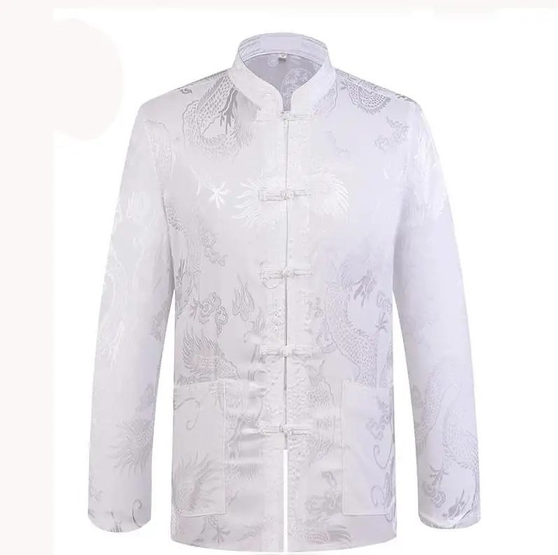 Осень человек дракон Кунг Фу куртка пальто Традиционный китайский воротник мандарина Тан костюм одежда для мужчин Camisa Masculina - Цвет: white dragon