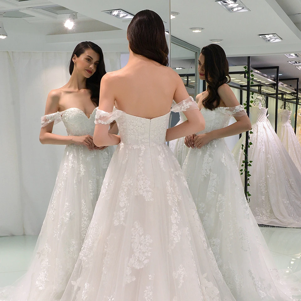 Dressv Элегантное свадебное платье женское с открытыми плечами кружевное на молнии