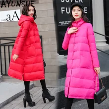 AYUNSUE, Ретро стиль, с пряжкой, пуховик, женский, с капюшоном, китайский стиль, красный, длинный пуховик, Зимняя парка, Mujer, Casacas Para Mujer KJ474