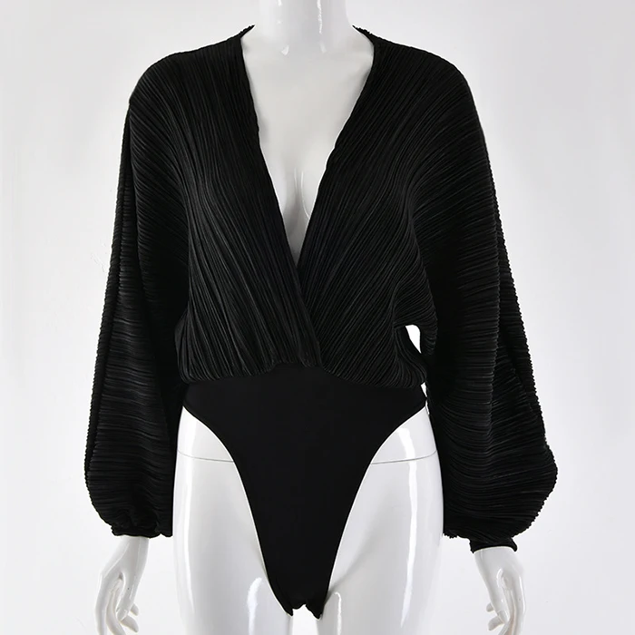 Плиссированные Черные боди с v-образным вырезом и длинным рукавом, модные сексуальные цельные трусы с рукавом «летучая мышь», серые, винно-красные боди для женщин, комбинезон