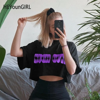 

HEYounGIRL Black T-Shirt Ladies Half Sleeve Casual Loose Crop Top Harajuku Letter Printed Tee Shirt Woman Korean Style 2019