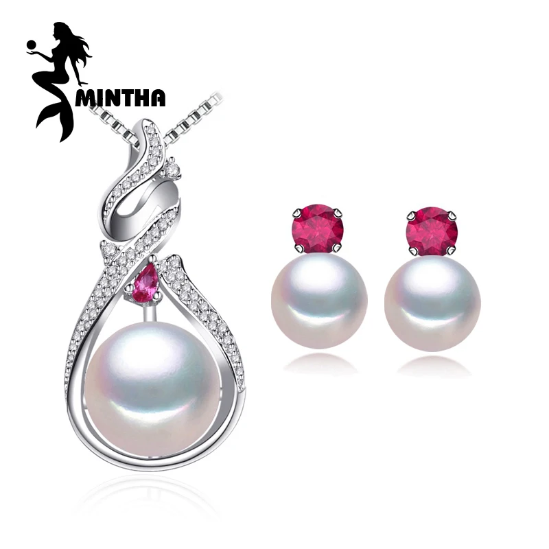 

MINTHA 925 Sterling Silver pearl jewelry sets for women,natural stud earrings vintage pendant necklace engagement ruby set