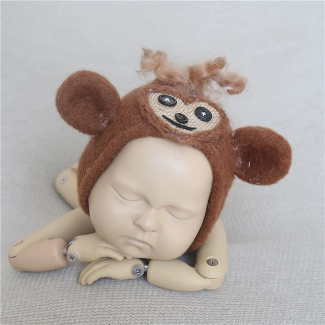 Newborn Monkey Hat With Ear Flaps Photo Props Wool Felted Baby
