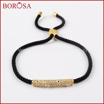 

BOROSA 6pcs Micro Pave Cubic Zircon Copper Round Tube Turkey Blue Evil Eye Charm Adjustable Rope Bracelets for Women WX591