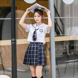 2018 Летний стиль для женщин студентов Решетки юбка японский Вязаный милый женский хлопок форма наборы для ухода за кожей корейский школьн