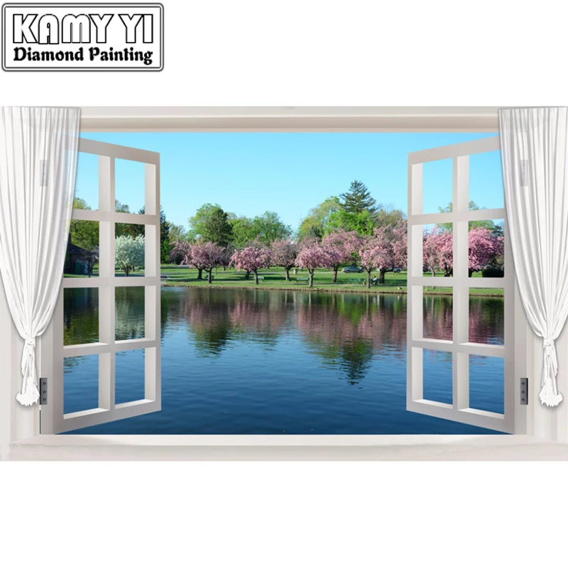 

Diy 5D Diamond Painting Scenic Garden out of window 3D Cross Stitch Kit Full Rhinestone Ribbon Embroidery Landscape Crafts Decor