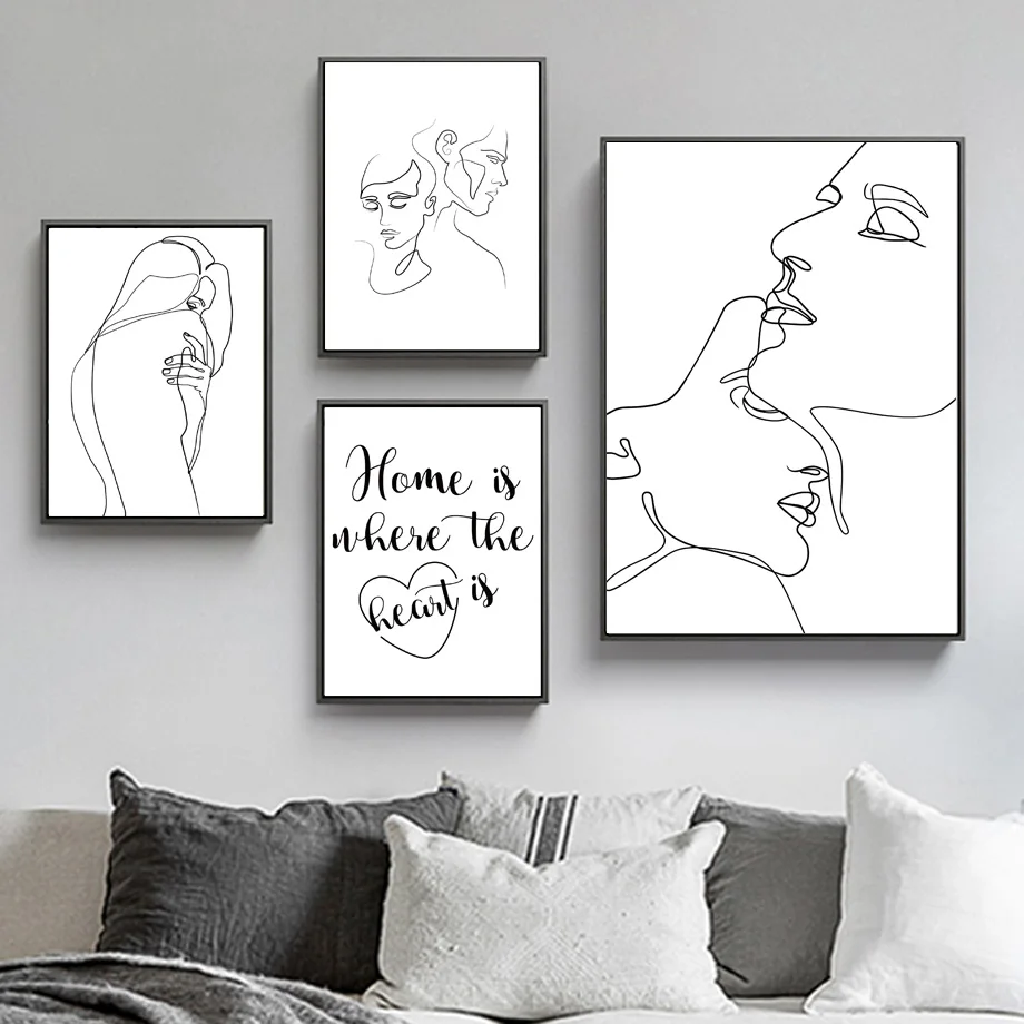 Абстрактная линия, рисунок Love Kiss, сексуальная девушка, настенная живопись на холсте, скандинавские плакаты и принты, настенные картины для декора гостиной