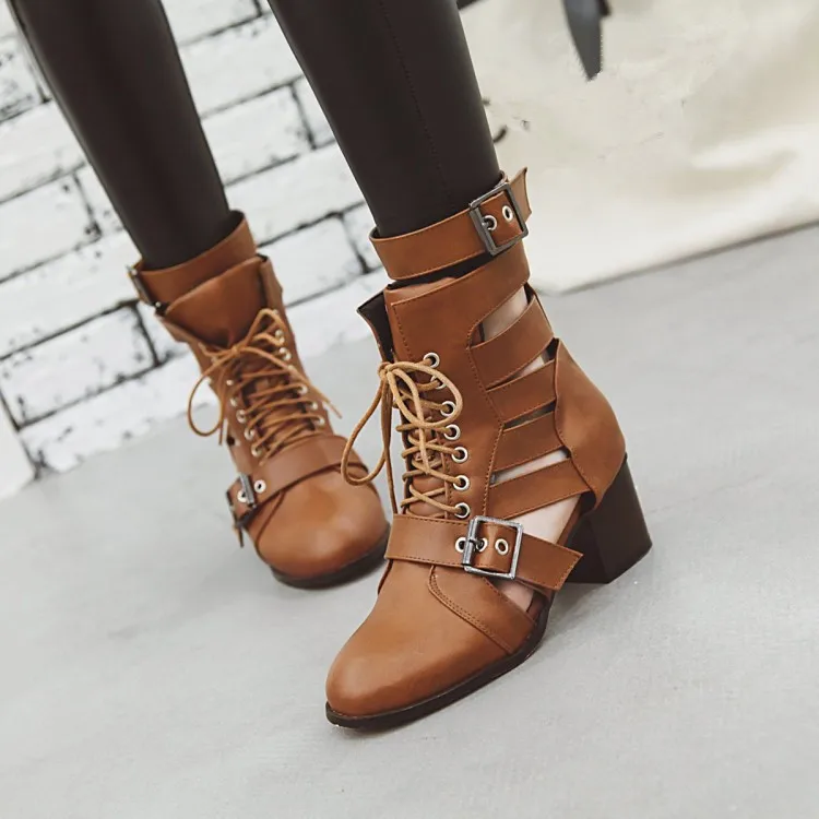 

PXELENA Vintage Punk Rock Gothic Gladiator Sandals Women Chunky Block Thick High Heels Ladies Sandals Rome Buckle Cut Out Shoes