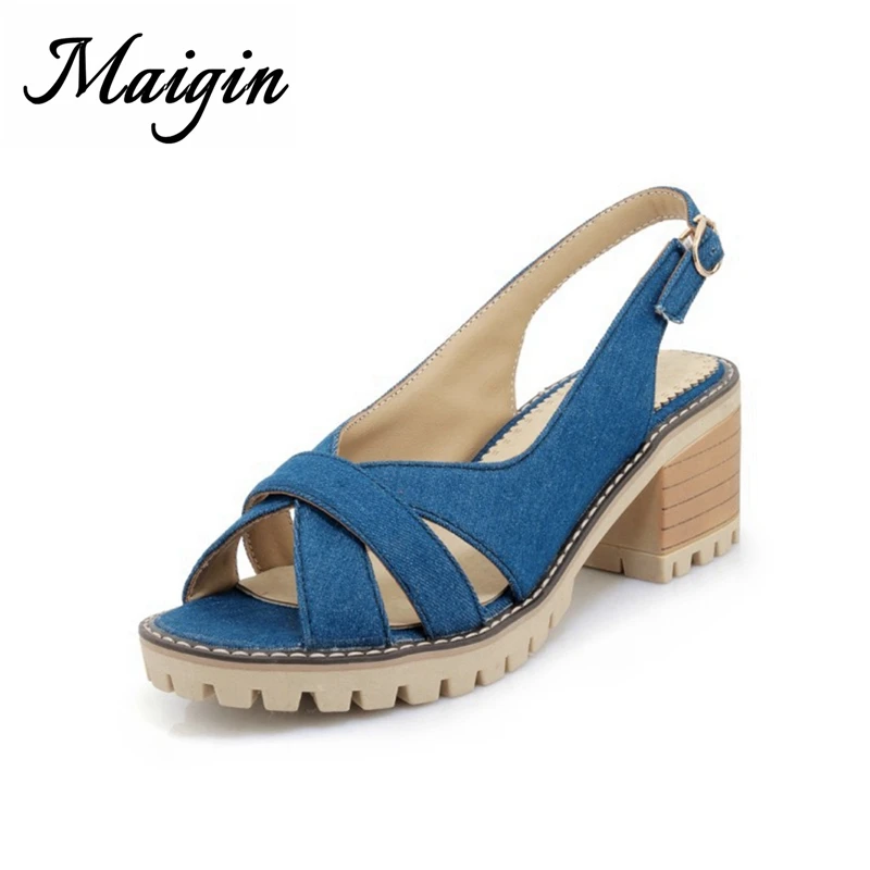 Maigin Summer Denim Shoes Women 2018 New Peep Toe High Heels Platform Sandals Square Heel Summer Shoes Navy Blue Sandals Women