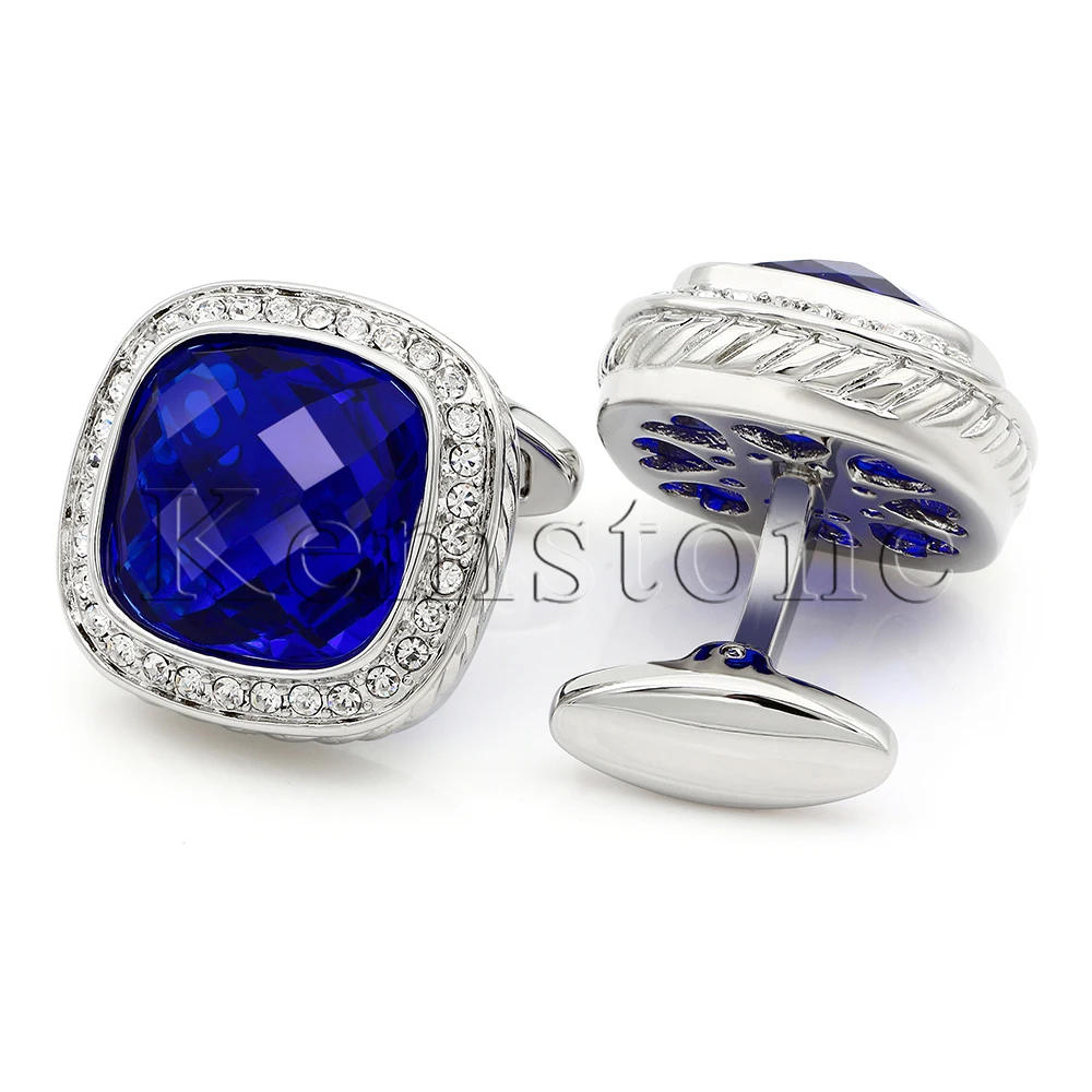 Kemstone Luxury Silver Tone Simulated Blue Crystal Cufflinks Mens