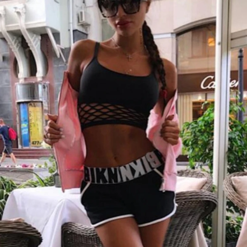 

Black Crop Top With Shorts Two Piece Bikini Swimwear Sport Beach Wear Lace Up 2 pieces Bathing Suit Push Up Sexy Women Tankini
