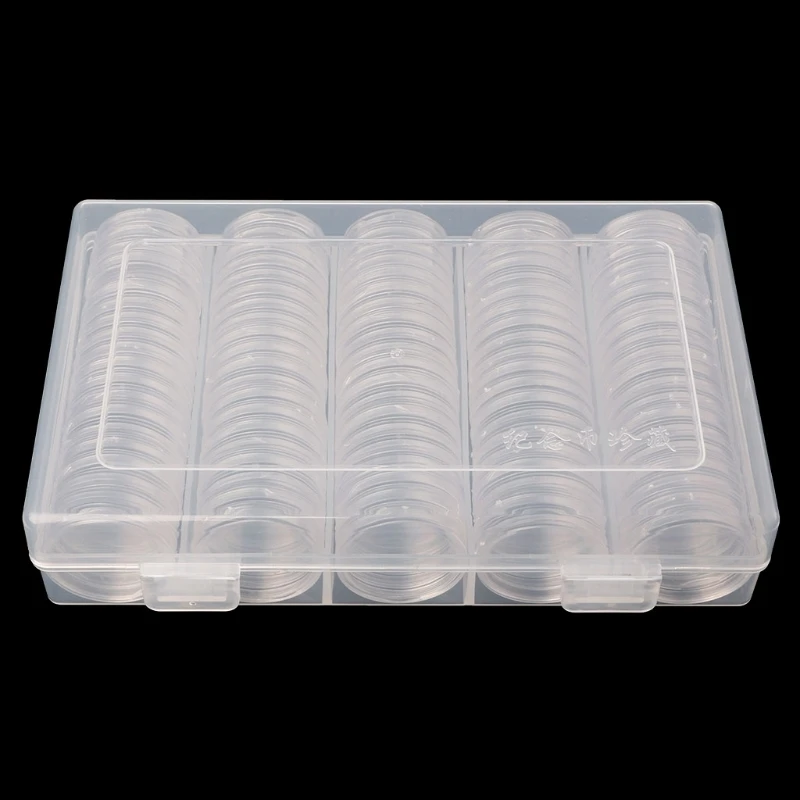 100 cinturones monedero cápsulas 27mm caja redonda de plástico coleccionables moneda organizador almacenamiento organizador