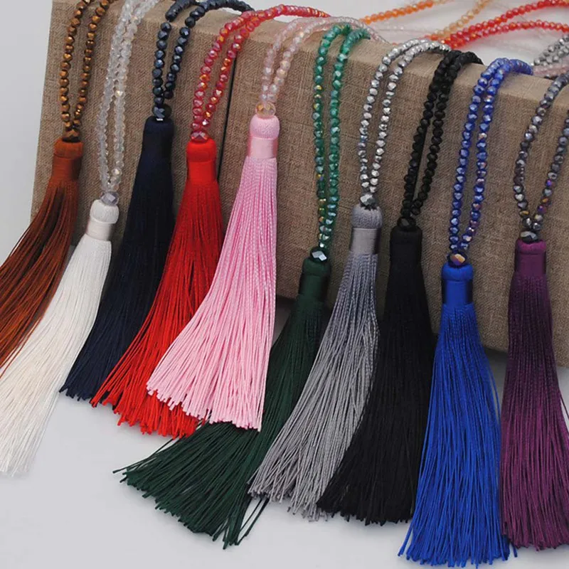 

Boho Fringed Long Necklace Glass Beads Tassel for Women Colorful Fabric Thread Jewelry Winter Sweater Necklace