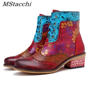 

MStacchi Retro Zipper Women Boots Genuine Leather Ankle Boots for Women Lace-up Spring Autumn Ladies Shoes Woman Flower Booties