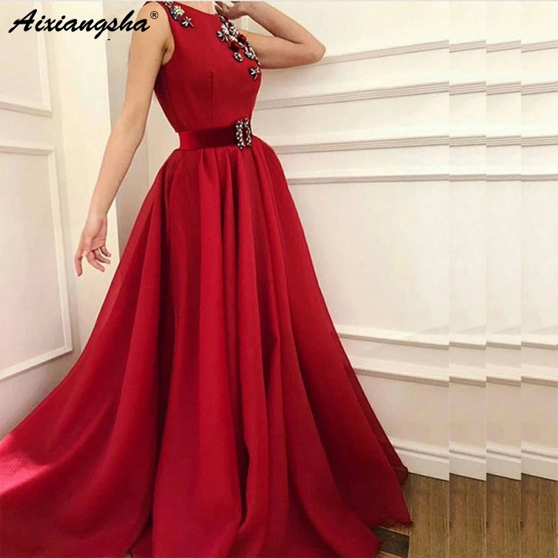 

New Arrival Red Evening Dresses 2019 Long Sweep Train Robe de soiree abiye Floor Length Formal Dress Party Evening Gowns