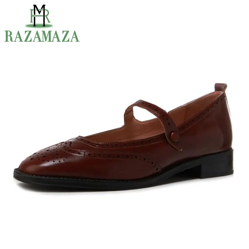 

RAZAMAZA Vintage Women Genuine Leather High Heel Shoes Women Hallow Out Sqaure Toe Pumps Block Shoes Women Footwears Size 34-39