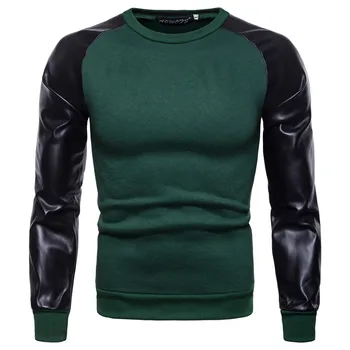 

2018 New Fashion Hoodies Sweatshirts Men PU Leather Patchwork Pullovers Autumn Printed Sweatshirts Male Casual Clothing