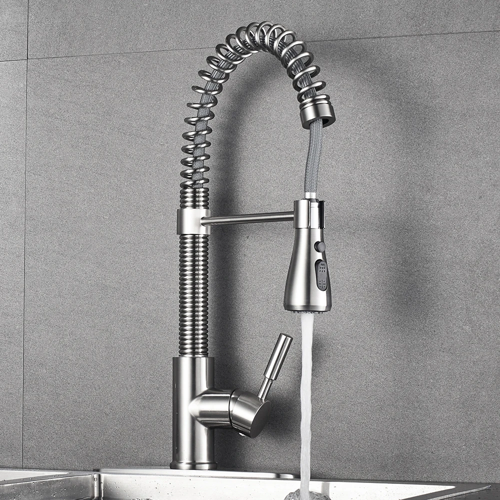  Kitchen Faucets Brushed Nickel Faucets for Kitchen Sink Single Pull Out Spring Spout Mixers Tap Hot - 32915320760