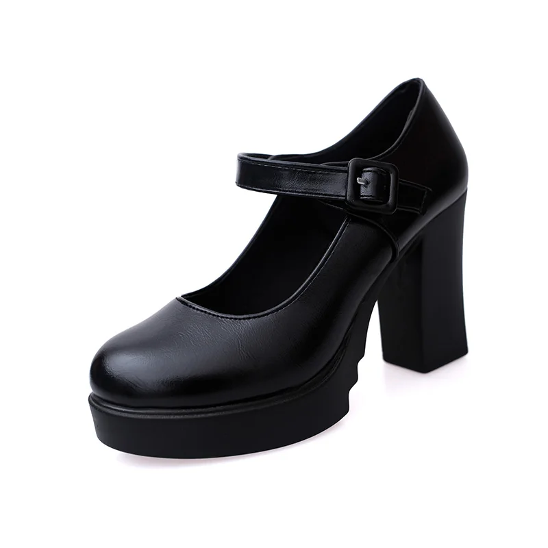 Женские туфли-лодочки на платформе и высоком квадратном каблуке; сезон весна-лето; туфли с закрытым носком и пряжкой на ремешке; женские туфли с круглым носком на высоком каблуке - Цвет: black