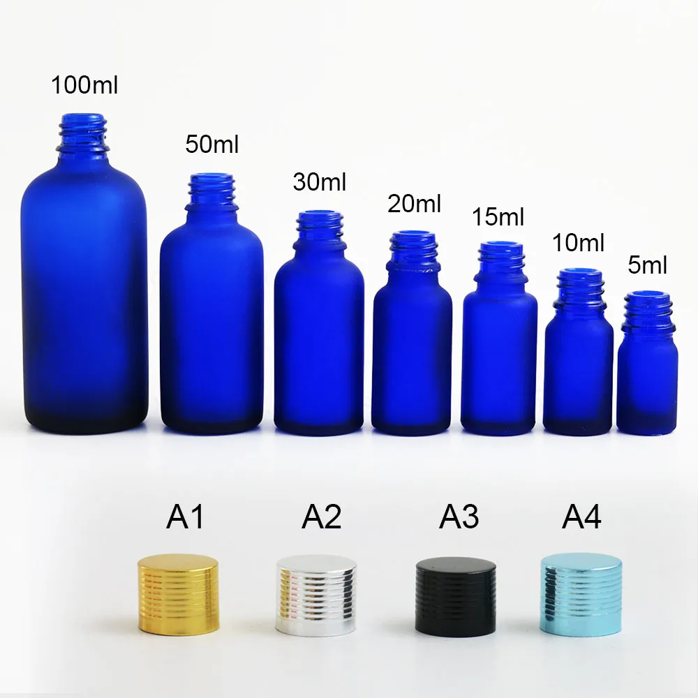Best 20 X empty blue frosted essential oil bottle 5ml 10ml 15cc 20ml 30ml 1oz 50ml glass bottle with black gold silver lid screw cap