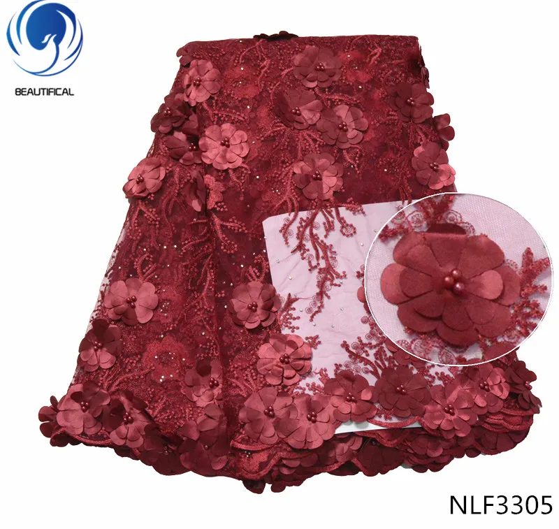 

BEAUTIFICAL 3D Flowers French Lace Fabric 2018 High Quality Net Lace Fabric With Beads Lace Fabrics For Wedding 5yards/lot NLF33