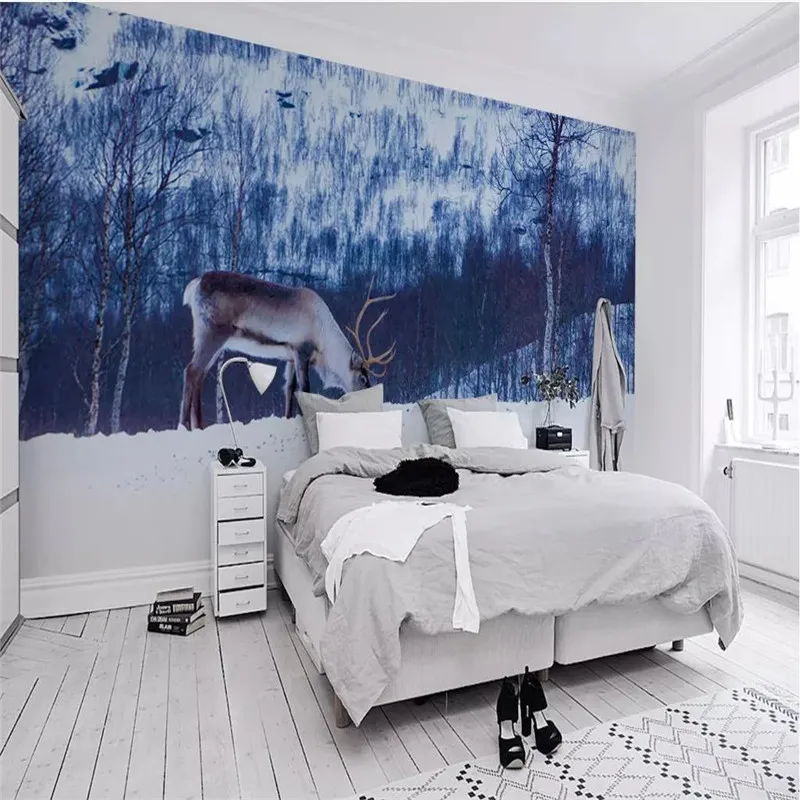 Customized 3d wallpaper Nordic style elk forest beautiful TV sofa background wall painting high-grade waterproof material Customized 3d wallpaper Nordic style elk forest beautiful TV sofa background wall painting high-grade waterproof material