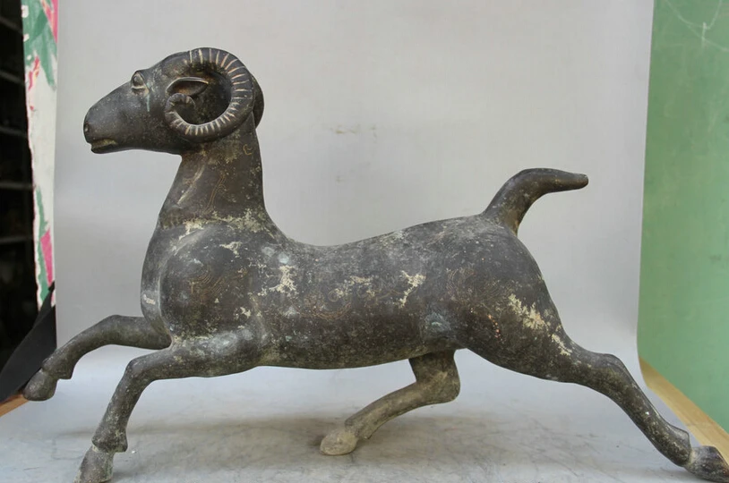

song voge gem S1809 26" Old Chinese Bronze Folk Animal run Zodiac Year Sheep Goat sculpture Statue