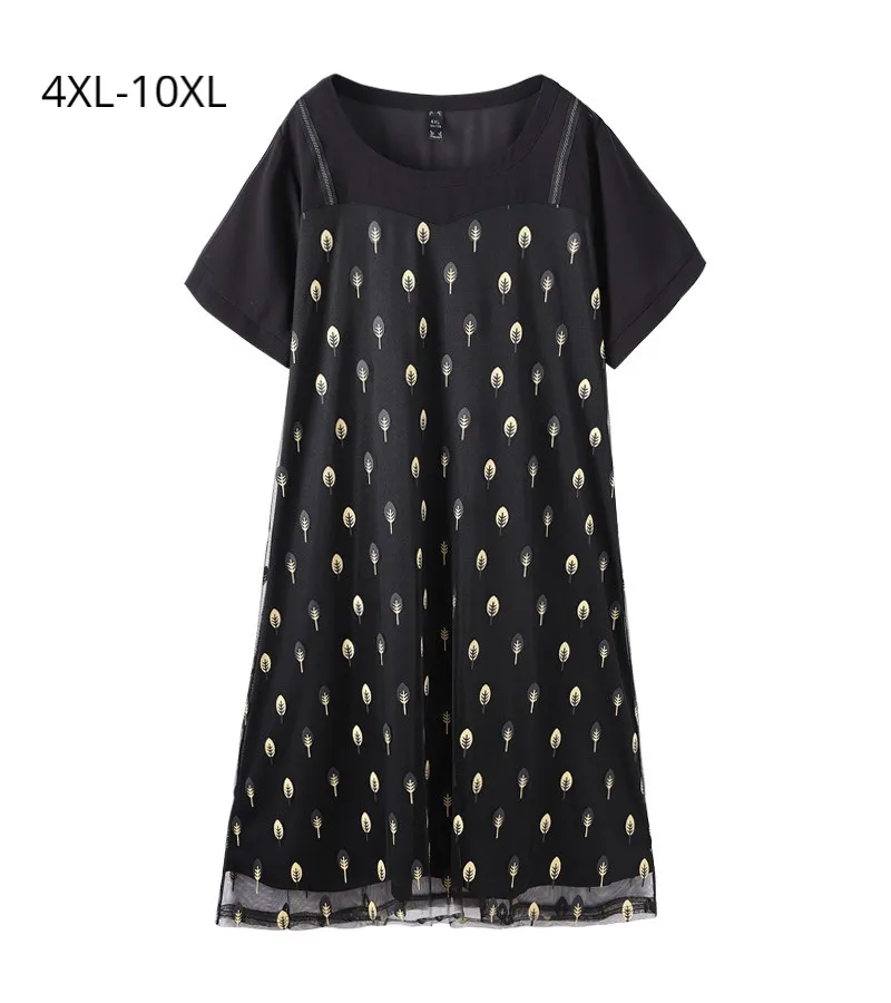 

Plus Size 10XL 9XL 8XL 4XL Women Short Sleeve Summer Dress Femme Elegant Solid Black And Print Mesh Patchwork Dresses For Mujer