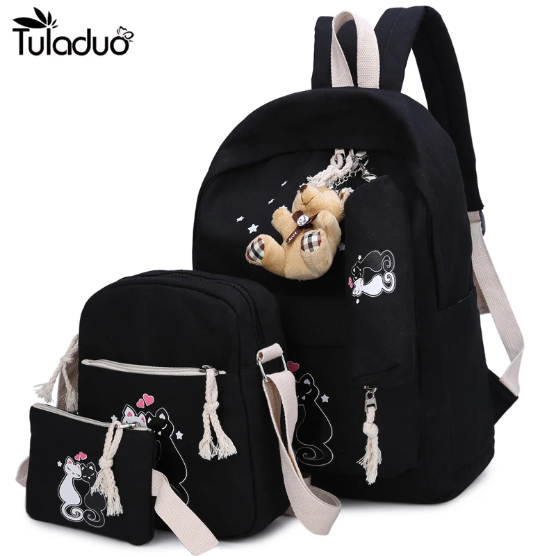 

3Pcs/Sets 2018 Women Canvas Backpack Cartoon Cat Printing School Backpack For Girl Teenagers Students Casual Cute Travel Bags