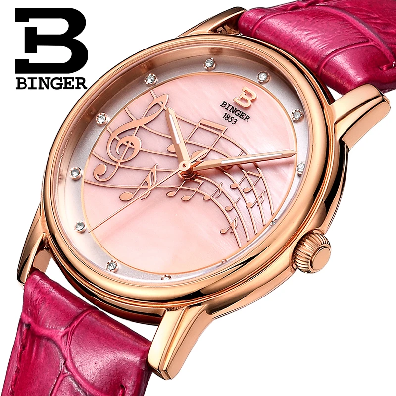 

Genuine Luxury BINGER Women waterproof quartz rhinestone dress watch ladies fashion lather belt cute slim female form table